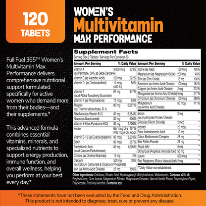 An image of full fuel 365 women's multivitamin max performance supplement facts panel, the copy women's multivitamin max performance 120 tablets, and the claims full fuel 365 women's multivitamin max performance delivers comprehensive nutritional support formulated specifically for active women who demand more for their bodies - and their supplements, and this advanced formula combines essential vitamins, minerals, and specialized nutrients to support energy production, immune function, and o...