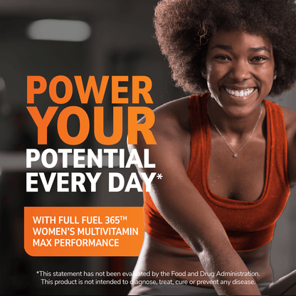 An image of an athletic woman smiling with the claim power your potential every day and the copy with full fuel 365 women's multivitamin max performance.