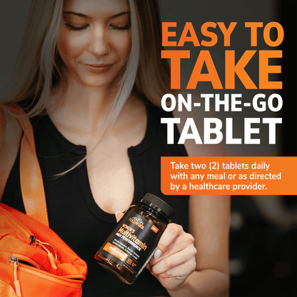 An image of a woman pulling a bottle of full fuel 365 women's multivitamin max performance tablets out her purse, the copy easy to take on-the-go-tablets, and product directions.
