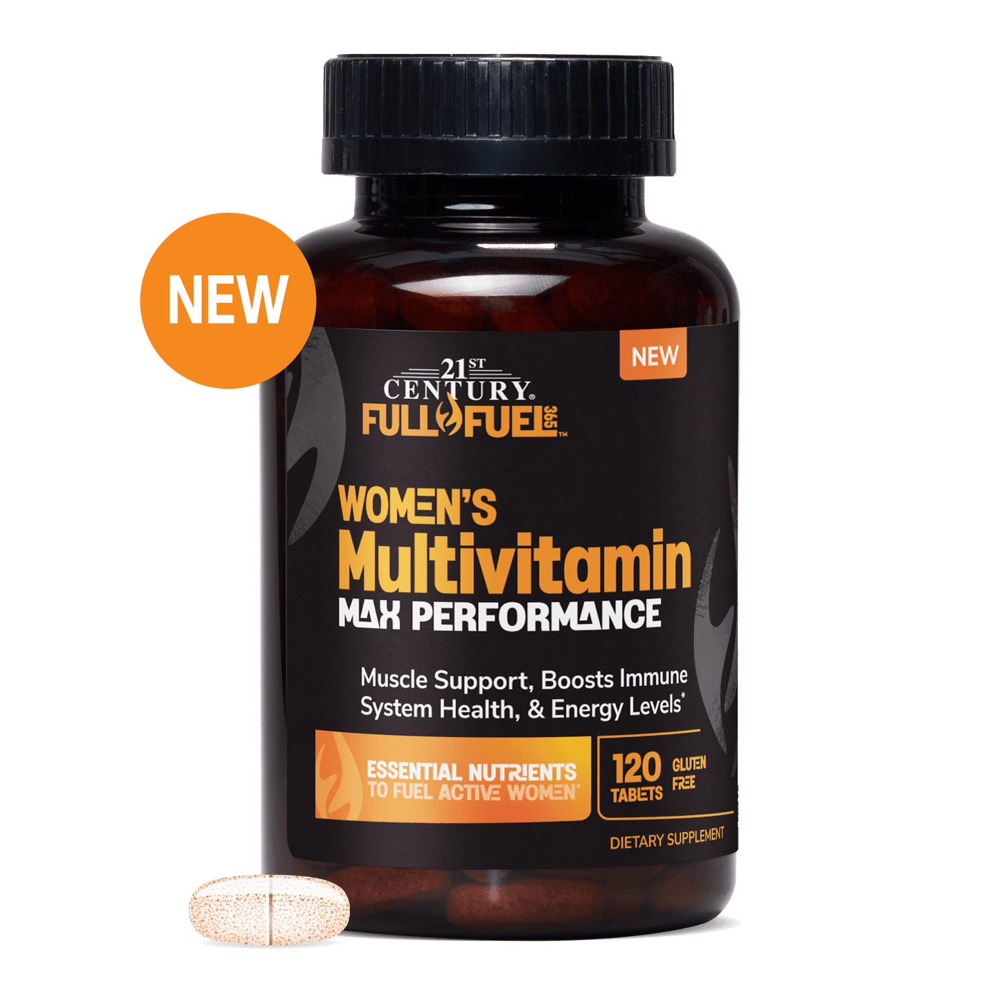 A bottle of Full Fuel 365 women's multivitamin max performance with a women's multivitamin tablet.