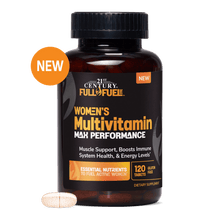 A bottle of Full Fuel 365 women's multivitamin max performance with a women's multivitamin tablet.