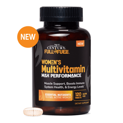 A bottle of Full Fuel 365 women's multivitamin max performance with a women's multivitamin tablet.