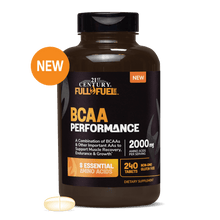 A bottle of 21st century full fuel bcaa performance with a bcaa tablet in front.