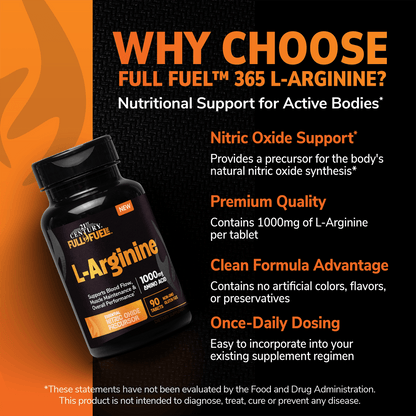 A bottle of full fuel 365 l-arginine and the claims why choose fuel fuel 365 l-arginine, nutritional support for active bodies, nitric oxide support, provides a precursor for the body's natural nitric oxide synthesis, premium quality contains 1000 mg of l-arginine per tablet, clean formula advantage, contains no artificial colors, flavors or preservatives, one-daily dosing, easy to incorporate into your existing supplement regimen
