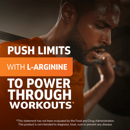 A close up image of a man with a weighted barbell on his back and the claim push limits with L-Arginine to power through workouts.