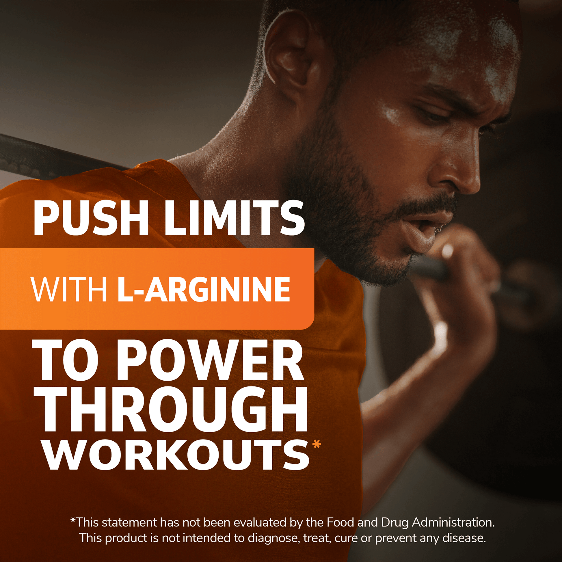 A close up image of a man with a weighted barbell on his back and the claim push limits with L-Arginine to power through workouts.