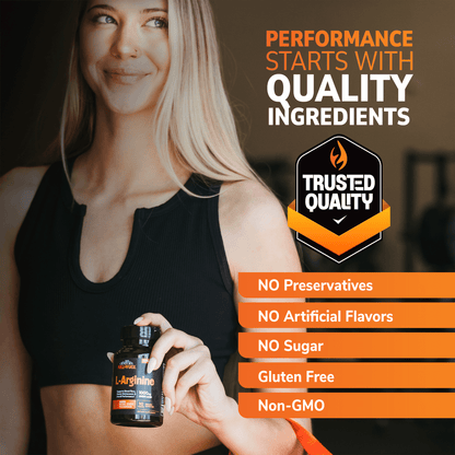 An image of an athletic blonde woman in a sports bra holding a bottle of full fuel 365 l-arginine the statement performance starts with quality ingredients, a trusted quality seal, and the nutrition claims no preservatives, no artificial flavors, no sugar, gluten free and non-gmo.