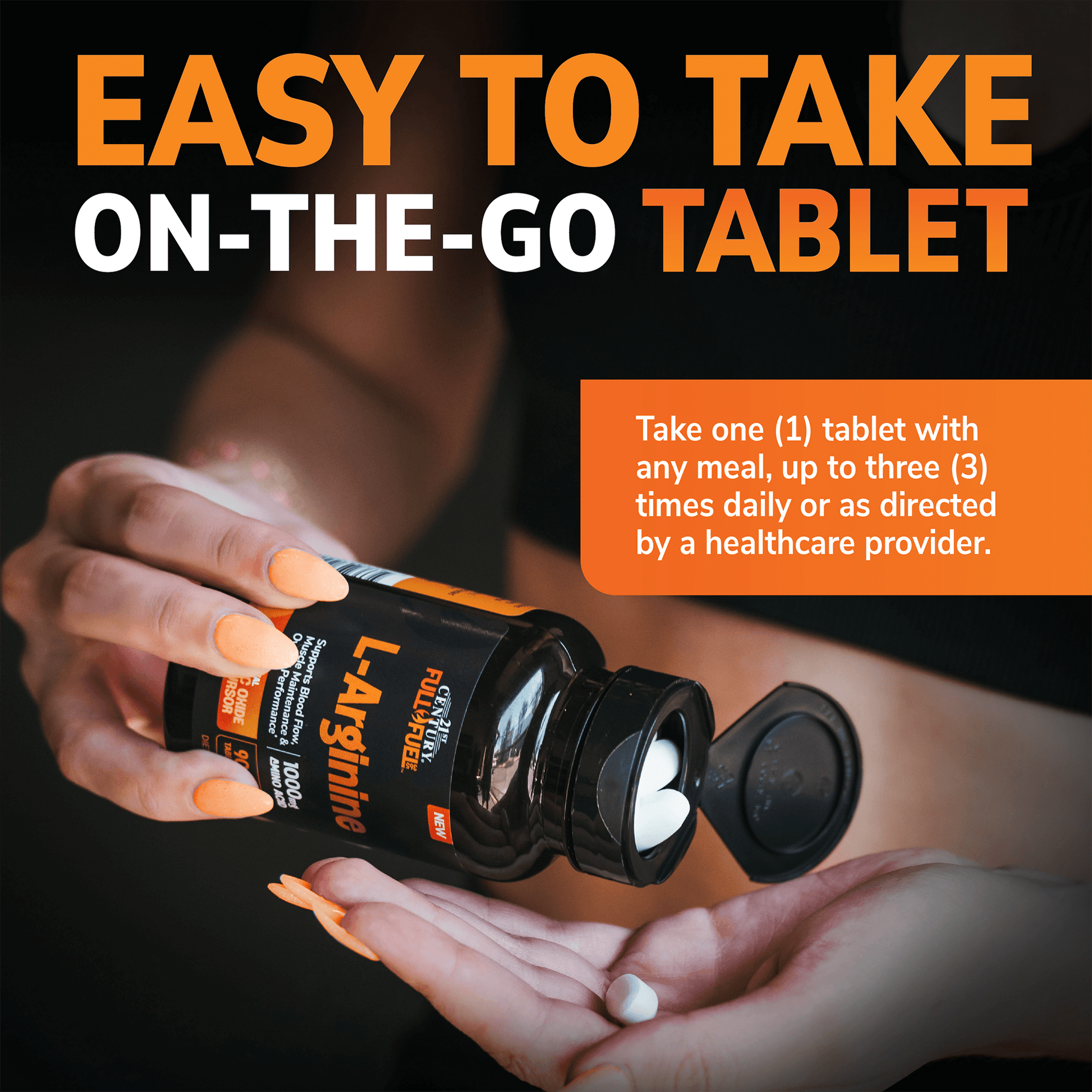 A close up of a woman pouring out full fuel 365 l-arginine tablets into her hands the copy easy to take on-the-go tablet, and the directions for use.