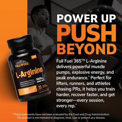 A bottle of full fuel 365 l-arginine 1000 mg, a man running on a treadmill in the background, and the claims full fuel 365 l-arginine delivers powerful muscle pumps, explosive energy, and peak performance, perfect for lifters, runners, and athletes chasing PRs, it helps you train harder, recover faster, and get stronger - every session, every rep.