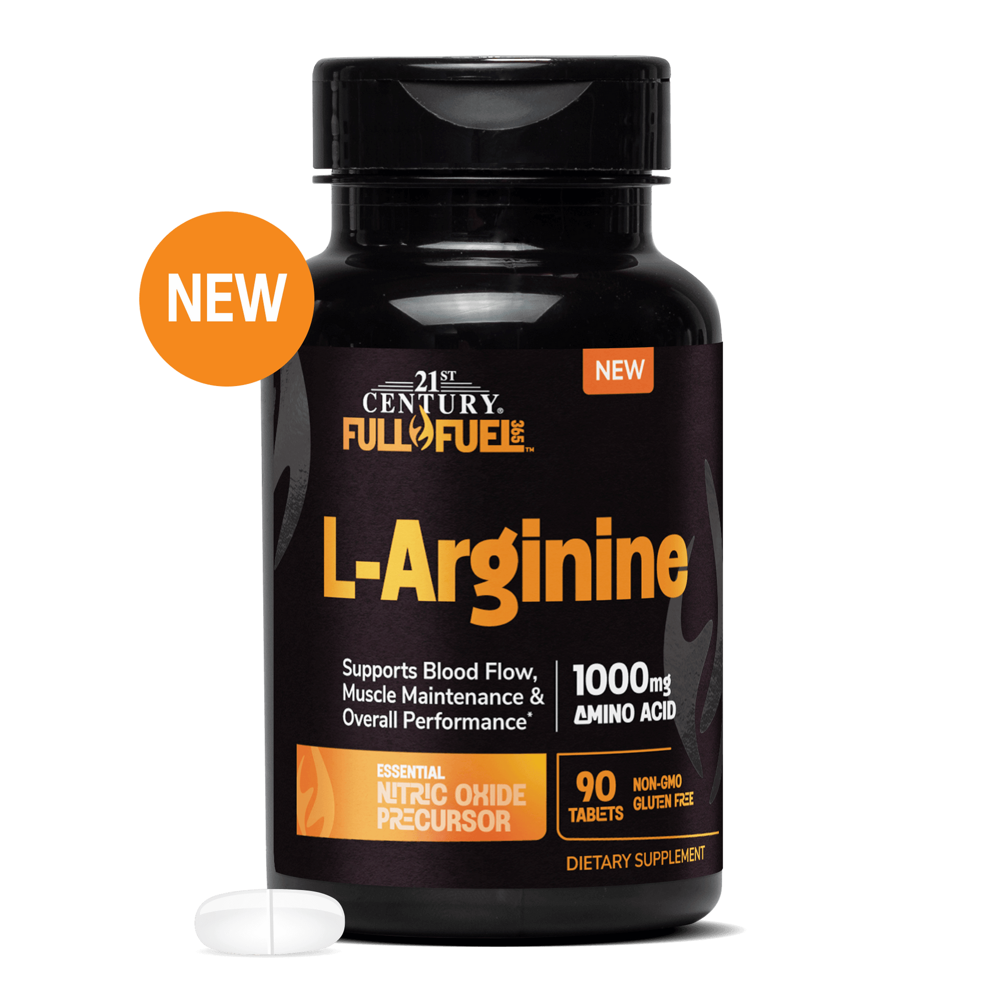 A bottle of 21st Century Full Fuel 365 L-Arginine 1000 mg and a l-arginine tablet in front.