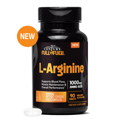 A bottle of 21st Century Full Fuel 365 L-Arginine 1000 mg and a l-arginine tablet in front.