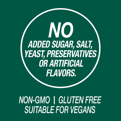 A graphic icon with the words no added sugar, salt, yeast, preservatives or artificial flavors, non-GMO, gluten free and suitable for vegans.