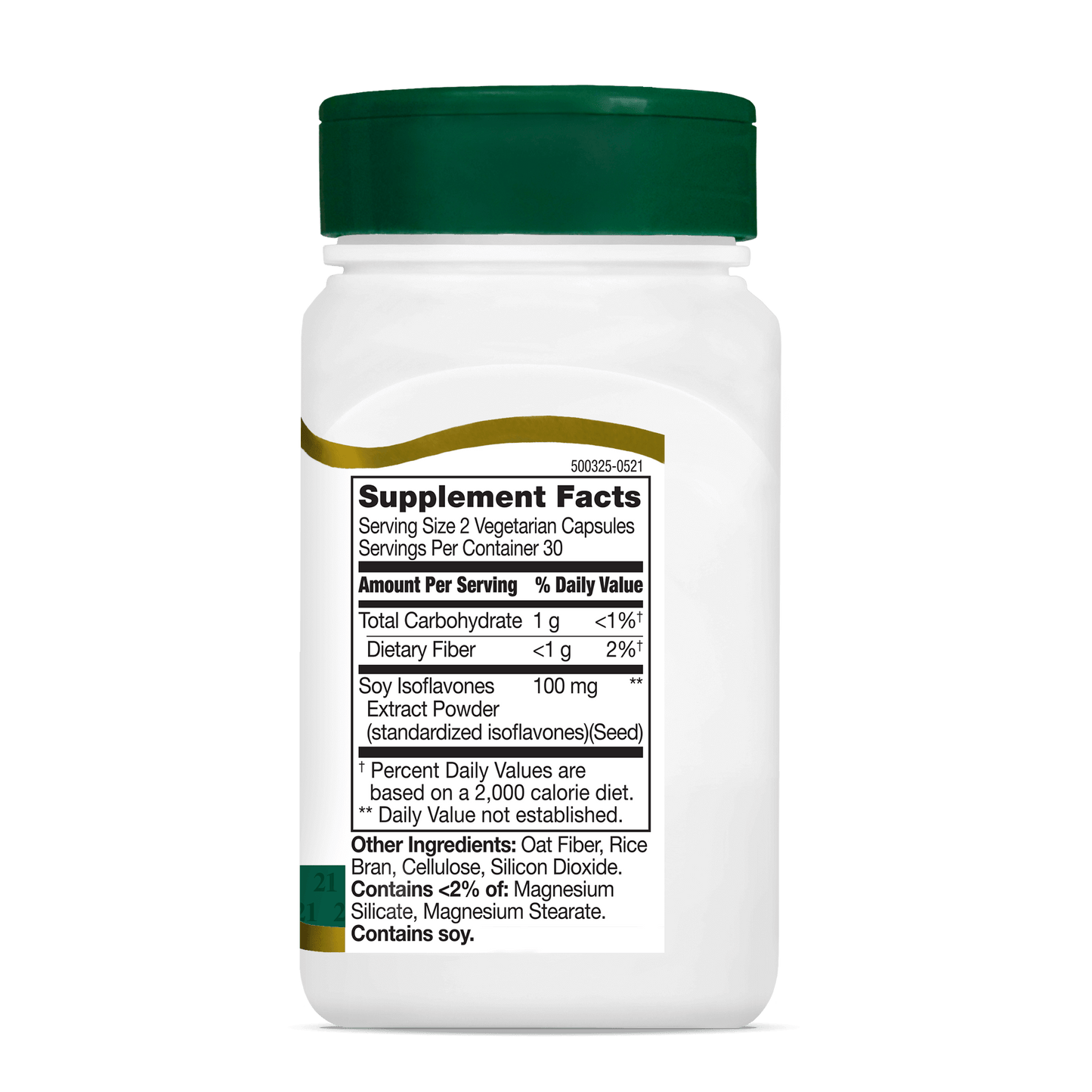 Right side bottle view of 21st Century Soy Isoflavones Extract vegetarian capsules.