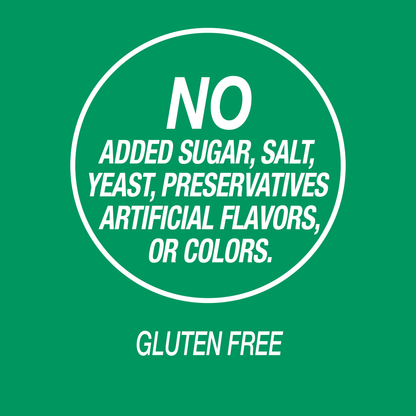 A graphic icon with no added sugar, salt, yeast, preservatives, artificial flavors or colors and gluten free.