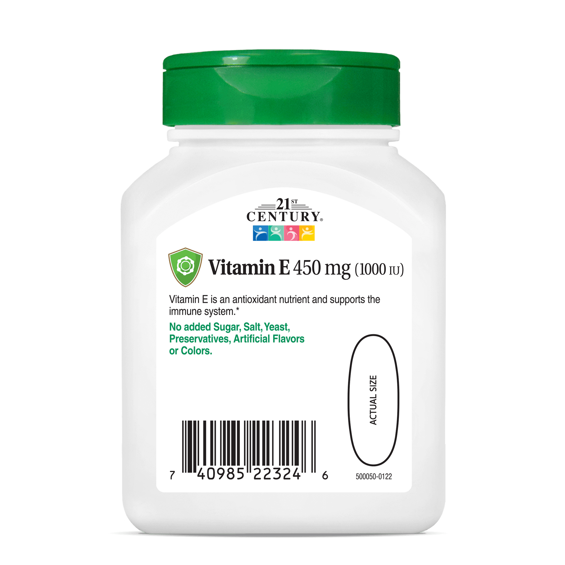 Back side bottle view of 21st Century Vitamin E 450 mg softgels.