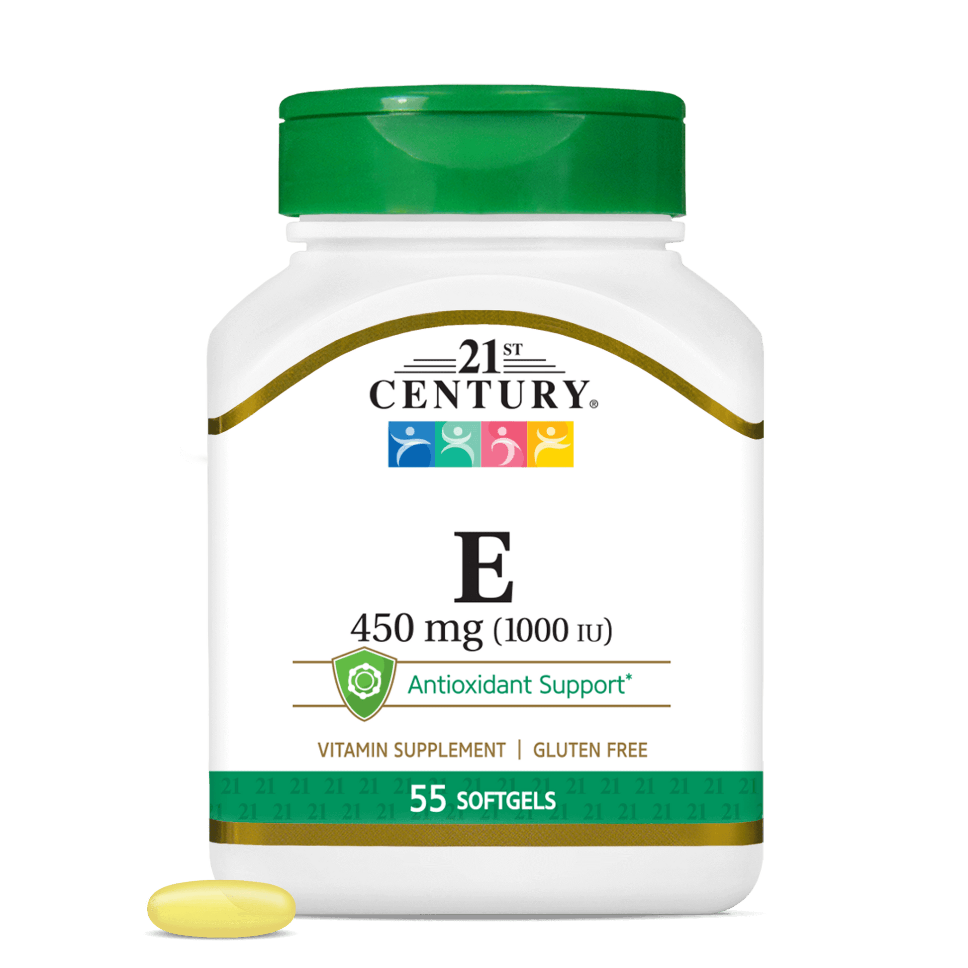 A bottle of 21st Century Vitamin E 450 mg softgels with a vitamin e softgel in front.