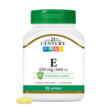 A bottle of 21st Century Vitamin E 450 mg softgels with a vitamin e softgel in front.