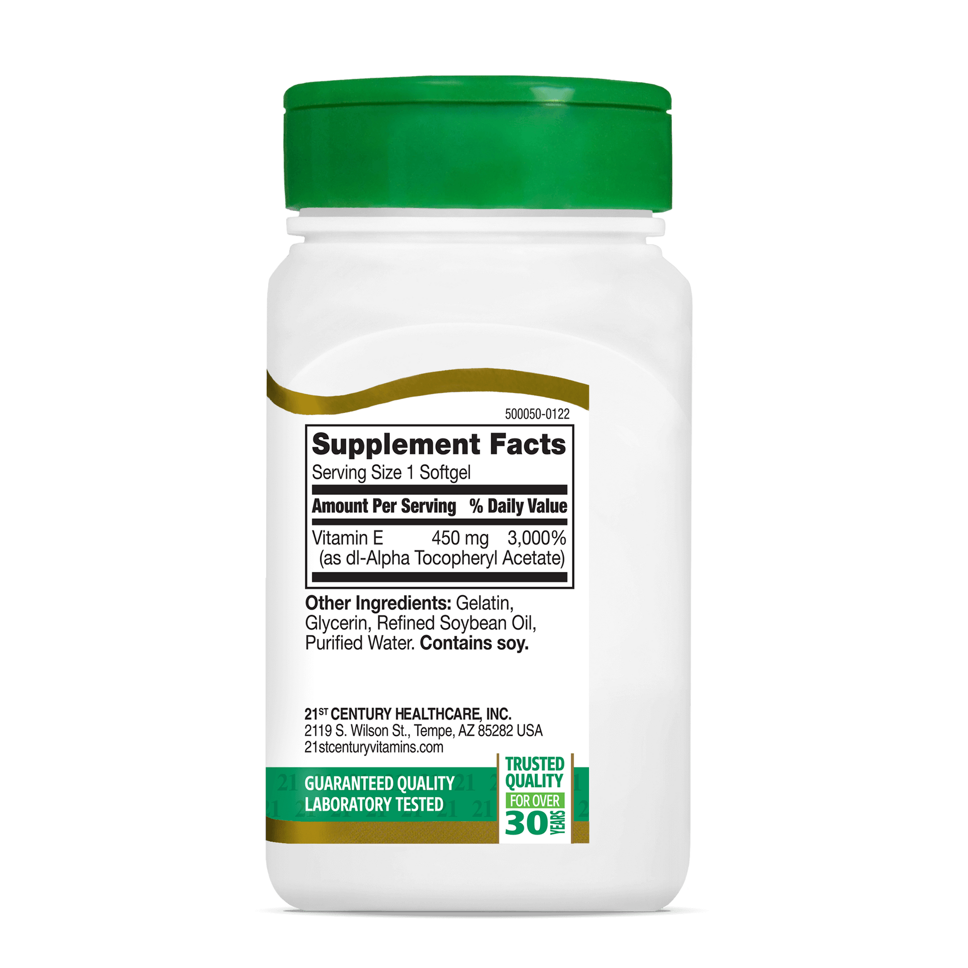 Left side bottle view of 21st Century Vitamin E 450 mg softgels.