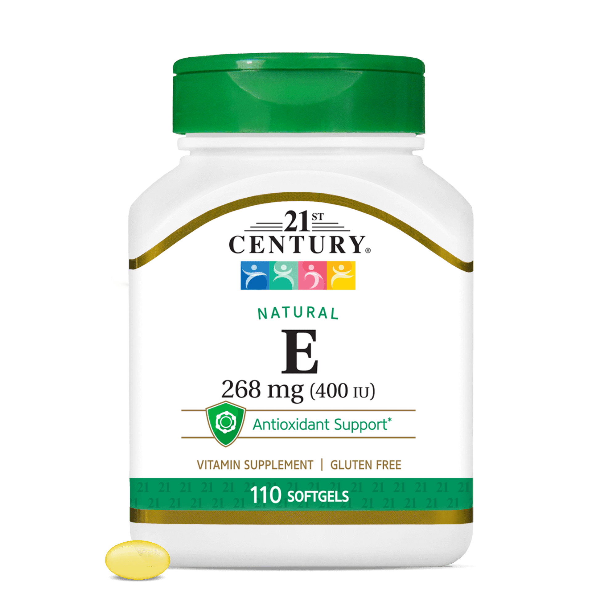 A bottle of 21st Century Natural Vitamin E 268 mg softgels with a vitamin e softgel in front.