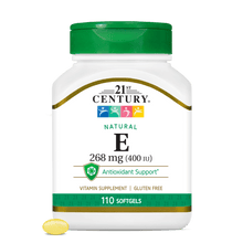 A bottle of 21st Century Natural Vitamin E 268 mg softgels with a vitamin e softgel in front.