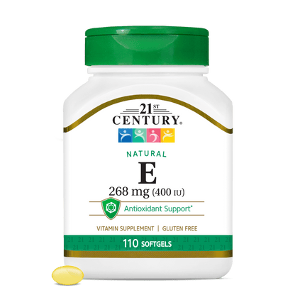 A bottle of 21st Century Natural Vitamin E 268 mg softgels with a vitamin e softgel in front.