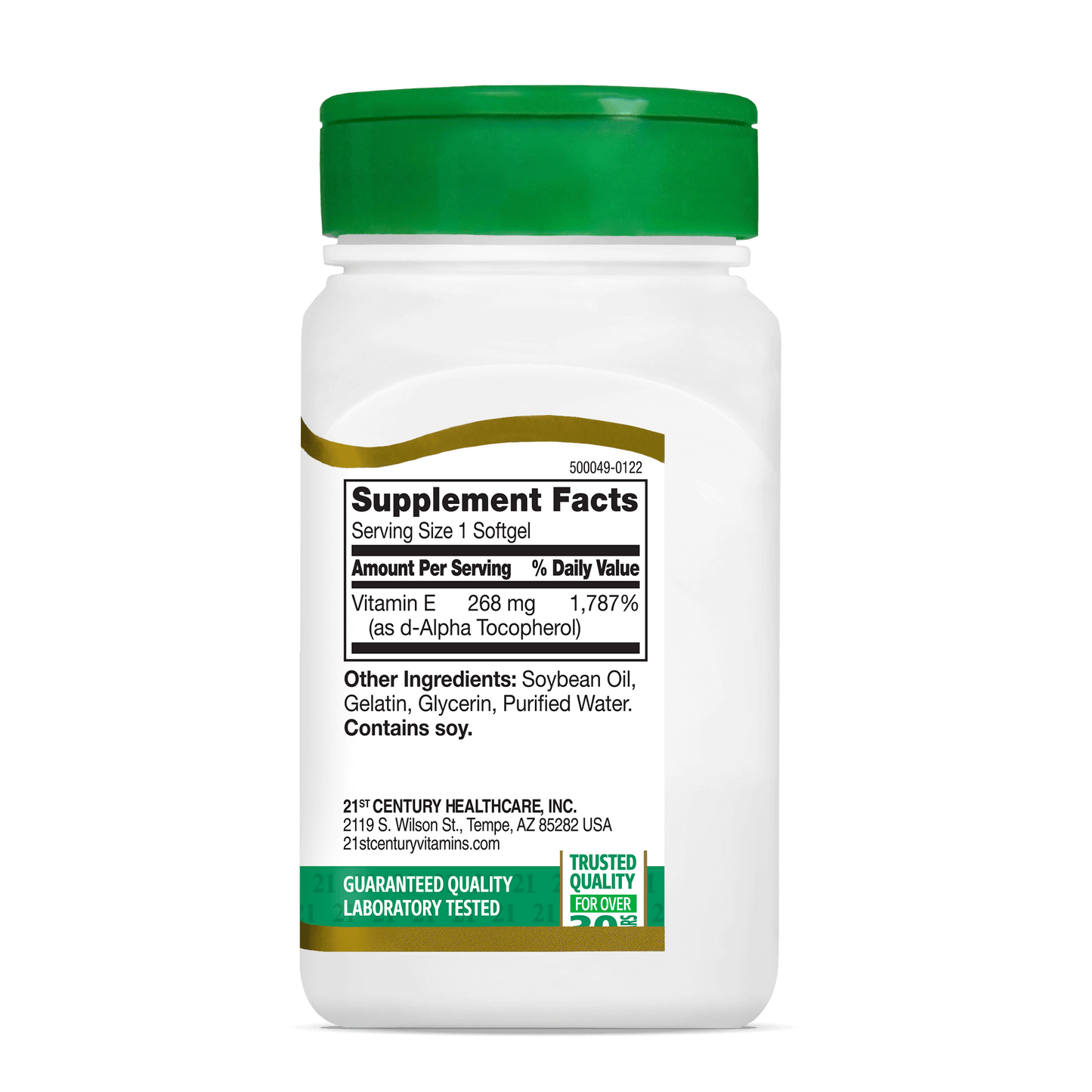 Left side bottle view of 21st Century Natural Vitamin E 268 mg softgels.