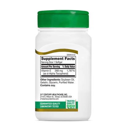 Left side bottle view of 21st Century Natural Vitamin E 268 mg softgels.