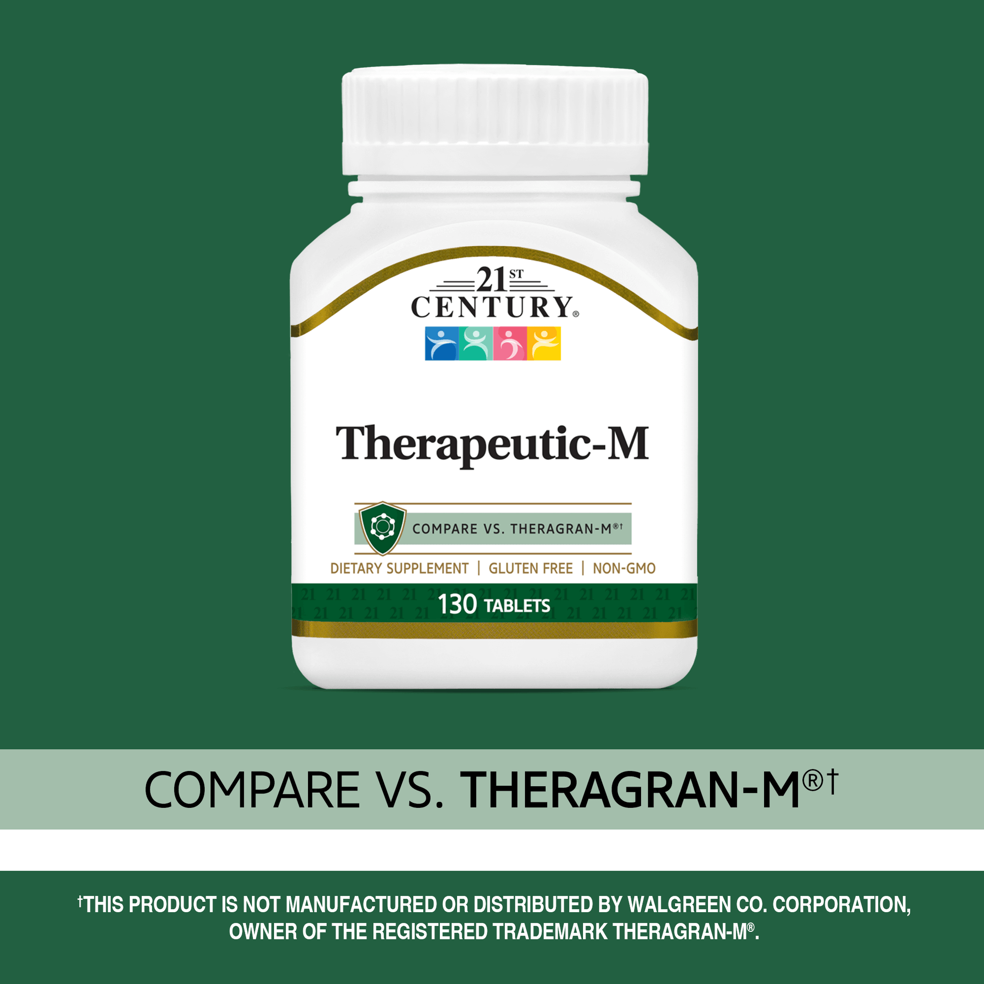 A bottle of 21st Century Therapeutic-M tablets with the words compare vs Theragran-M.