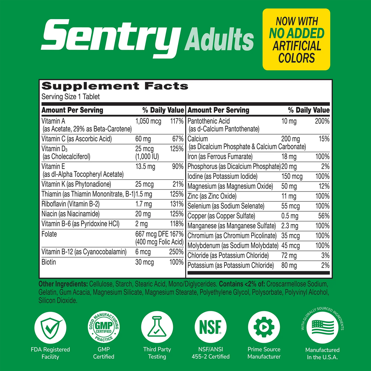 Supplement label for Sentry Adult with ingredient list and serving size on a green background with quality image icons 