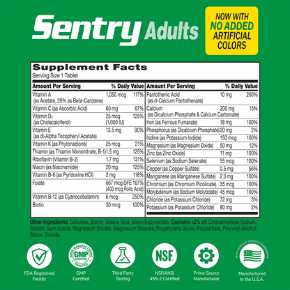 Supplement label for Sentry Adult with ingredient list and serving size on a green background with quality image icons 