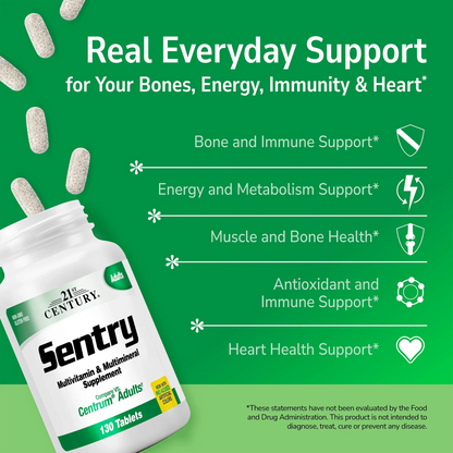 21st Century Sentry Adult supplement bottle with pills spilling out and white text on a green background
