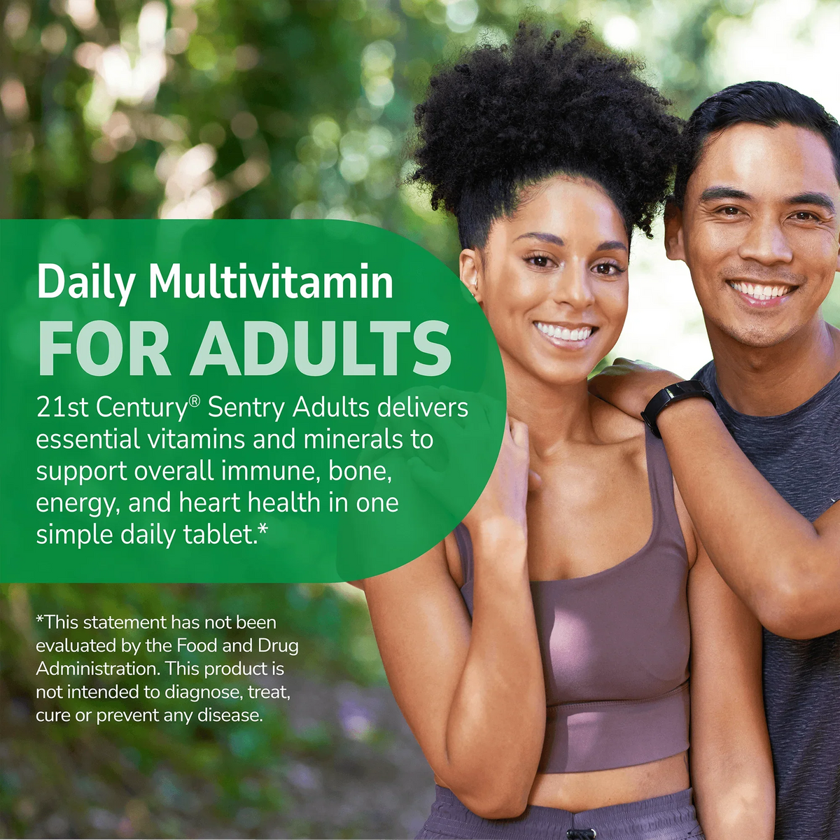 Happy couple outside with health supplement information overlay