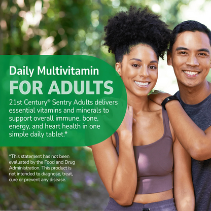 Happy couple outside with health supplement information overlay