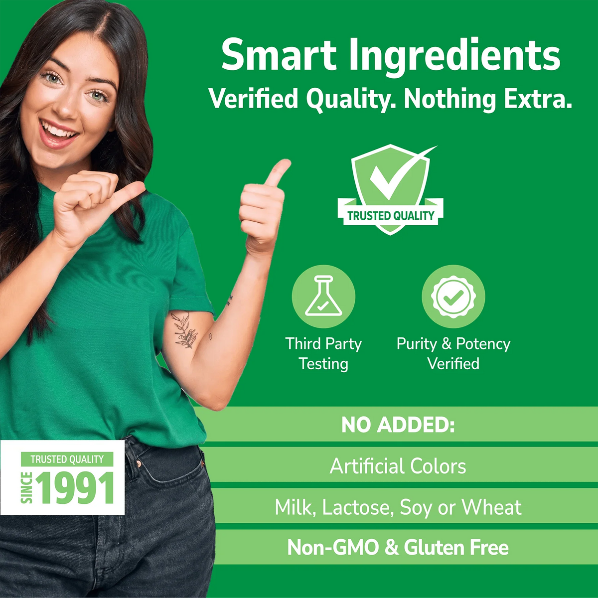 Woman holding her hand out with Smart Ingredients branding on a green background and No Added info
