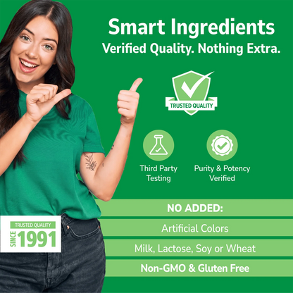 Woman holding her hand out with Smart Ingredients branding on a green background and No Added info