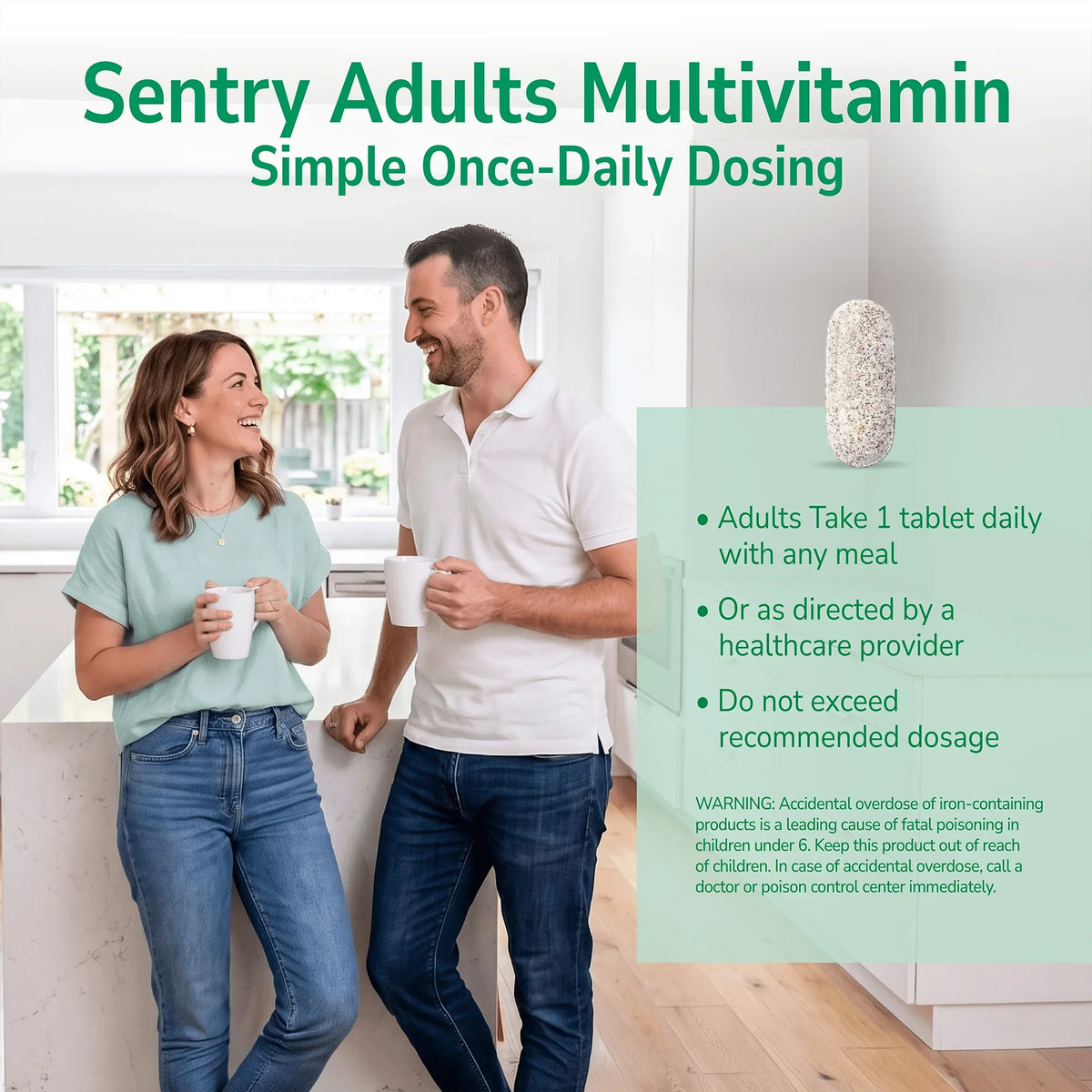 Man and woman smiling indoors with a product advertisement overlay and product directions