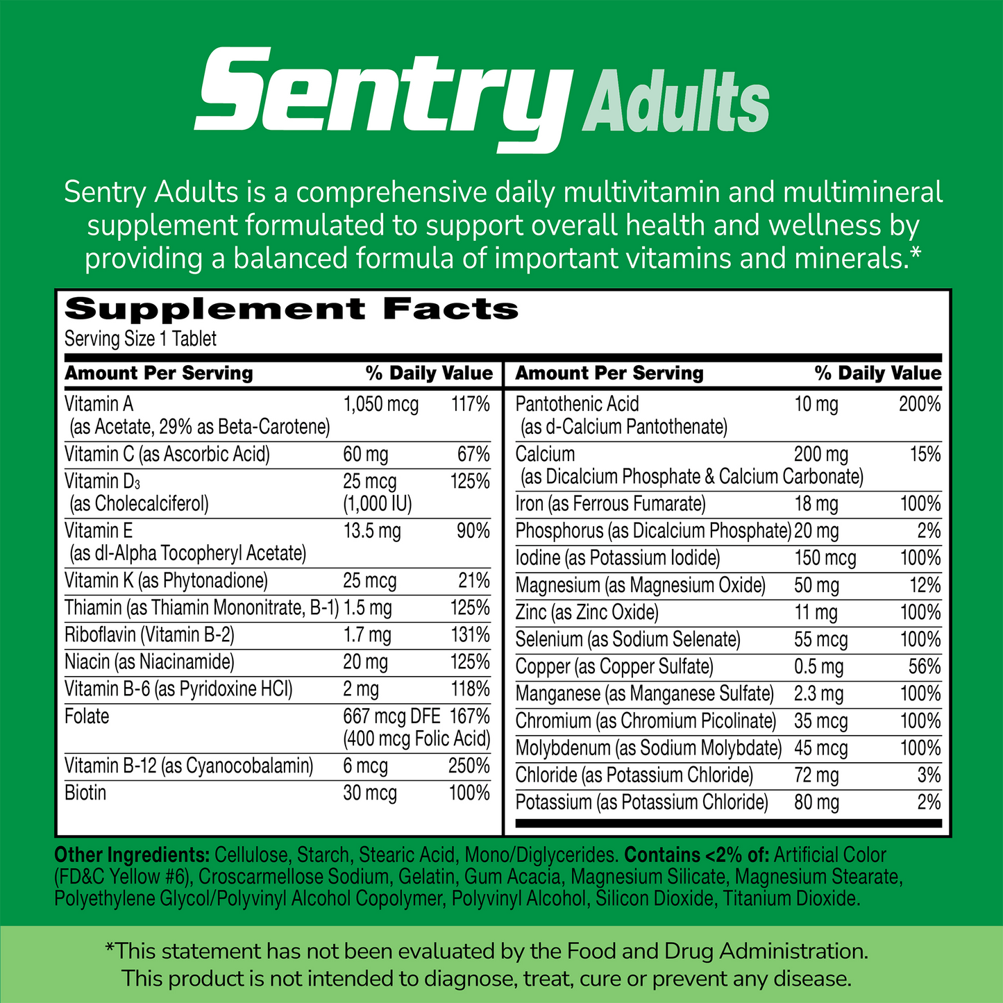 An image of the 21st Century Sentry Adults supplement facts panel and the claim Sentry Adults is a comprehensive daily multivitamin and multimineral supplement formulated to support overall health and wellness by providing a balanced formula of important vitamins and minerals.