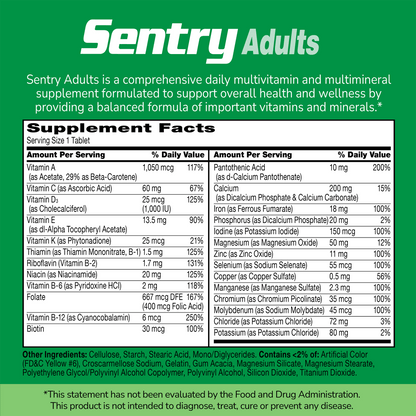 An image of the 21st Century Sentry Adults supplement facts panel and the claim Sentry Adults is a comprehensive daily multivitamin and multimineral supplement formulated to support overall health and wellness by providing a balanced formula of important vitamins and minerals.