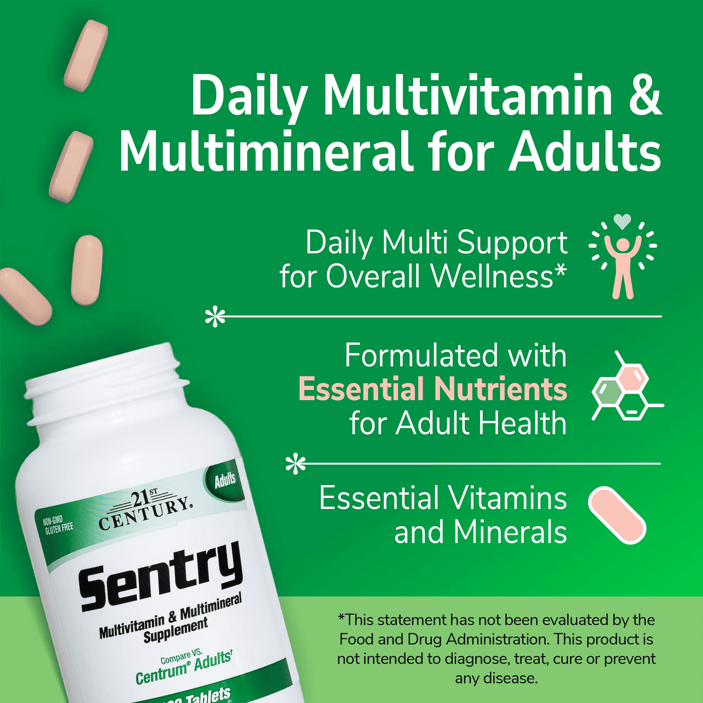 A bottle of 21st century sentry adults multivitamin and multimineral tablets with tablets coming out of the top, the words daily multivitamin & multimineral and claims daily multi support for overall wellness, formulated with essential nutrients for adult health and essential vitamins and minerals.