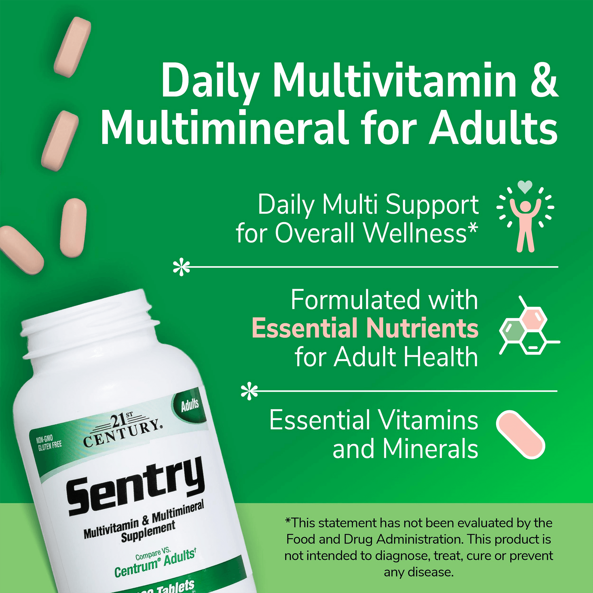 A bottle of 21st century sentry adults multivitamin and multimineral tablets with tablets coming out of the top, the words daily multivitamin & multimineral and claims daily multi support for overall wellness, formulated with essential nutrients for adult health and essential vitamins and minerals.