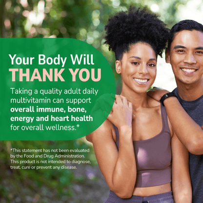 An image of a man with his arms on the solder of a woman in workout clothes in an outdoor setting with the claim your body will thank you and taking a quality adult daily multivitamin can support overall immune, bone, energy and heart health for overall wellness.