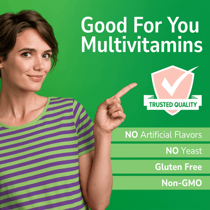 An image of a woman point to a trusted quality seal, the copy good for you multivitamins and the nutrient claims no artificial flavors, no yeast, gluten free and non-gmo.