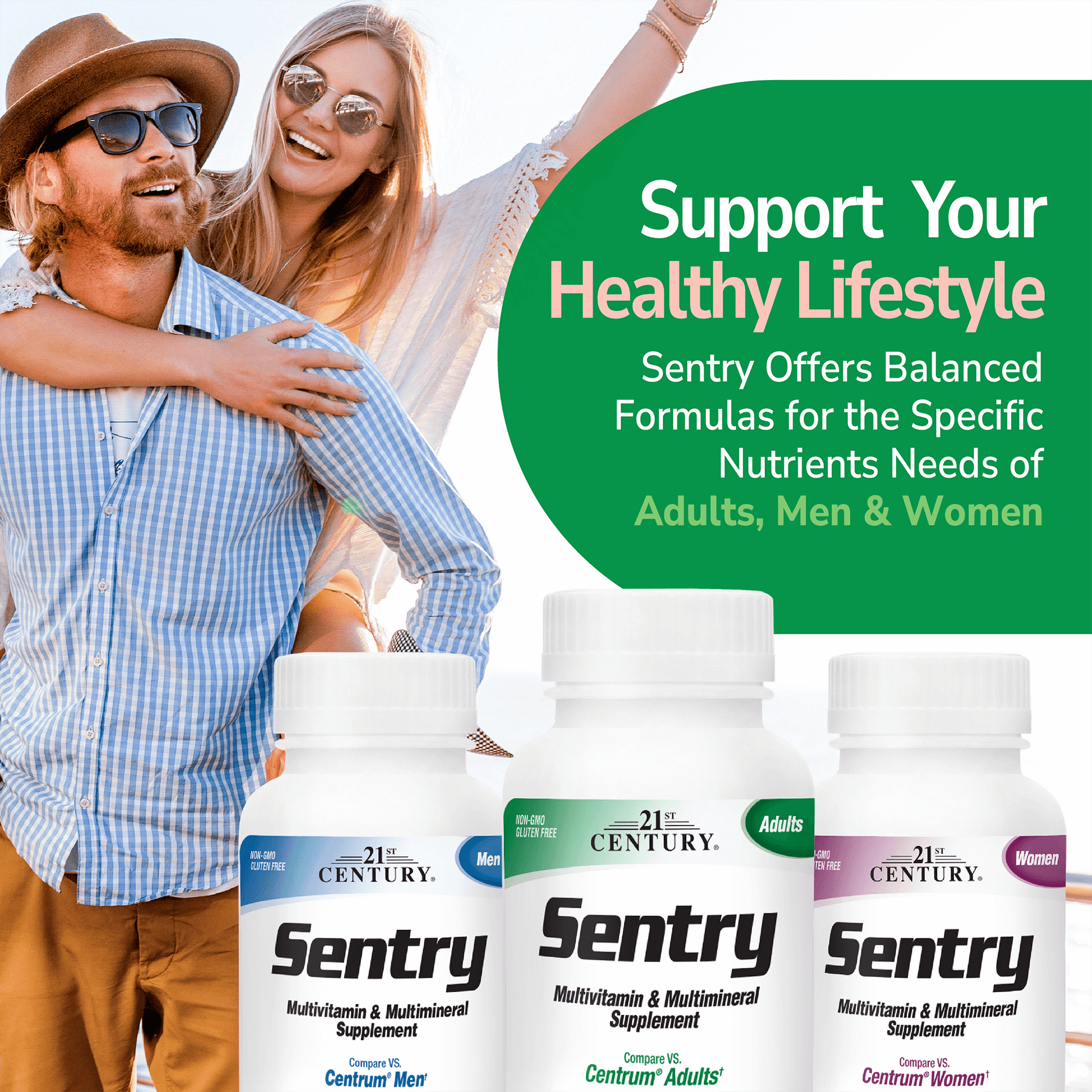 An image of woman hugging a man from behind with her hands up outside in a sunny location, a bottle of sentry mens, sentry adults and sentry womens, and the copy support your healthy lifestyle, sentry offers balanced formulas for the specific nutrients needs of adults, men and women.