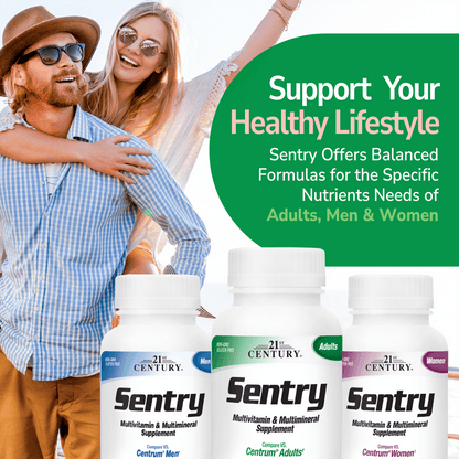 An image of woman hugging a man from behind with her hands up outside in a sunny location, a bottle of sentry mens, sentry adults and sentry womens, and the copy support your healthy lifestyle, sentry offers balanced formulas for the specific nutrients needs of adults, men and women.