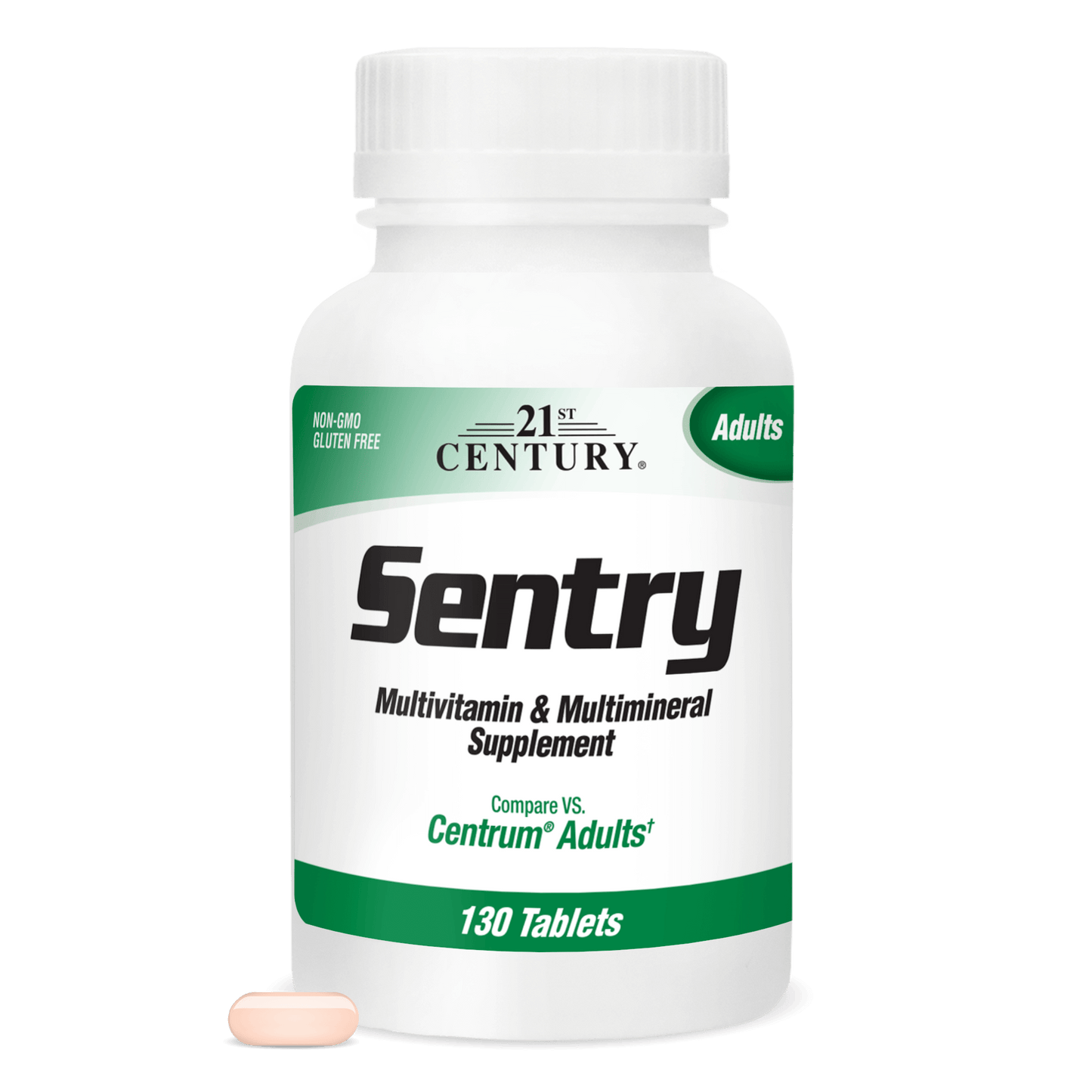 A bottle of 21st century sentry adults multivitamin and multimineral with a multivitamin tablet in front.