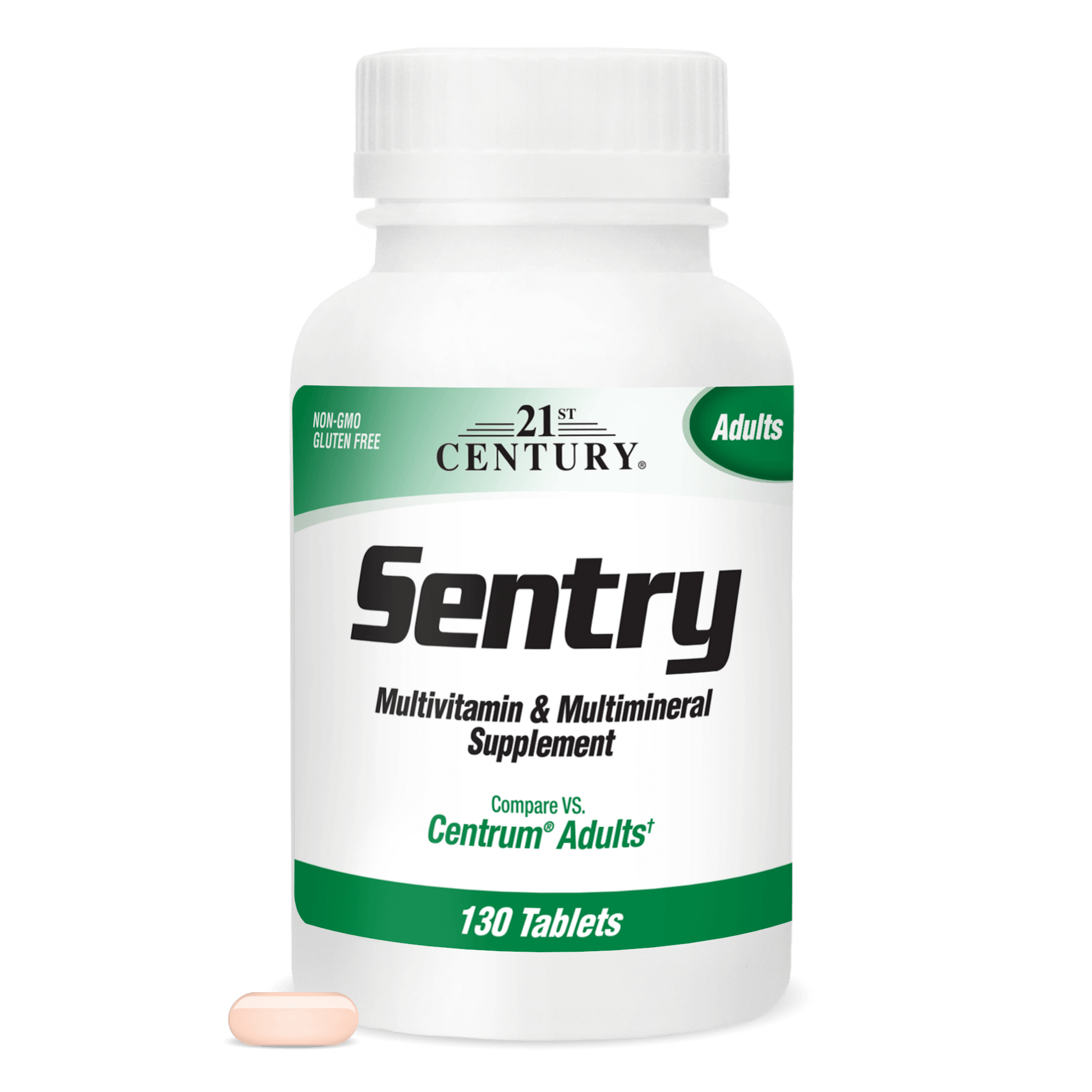 A bottle of 21st century sentry adults multivitamin and multimineral with a multivitamin tablet in front.