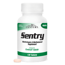 A bottle of 21st century sentry adults multivitamin and multimineral with a multivitamin tablet in front.