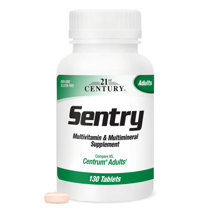 A bottle of 21st century sentry adults multivitamin and multimineral with a multivitamin tablet in front.