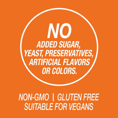 A graphic icon with the words no added sugar, yeast, preservatives, artificial flavors or colors, non-GMO, gluten free and suitable for vegans.