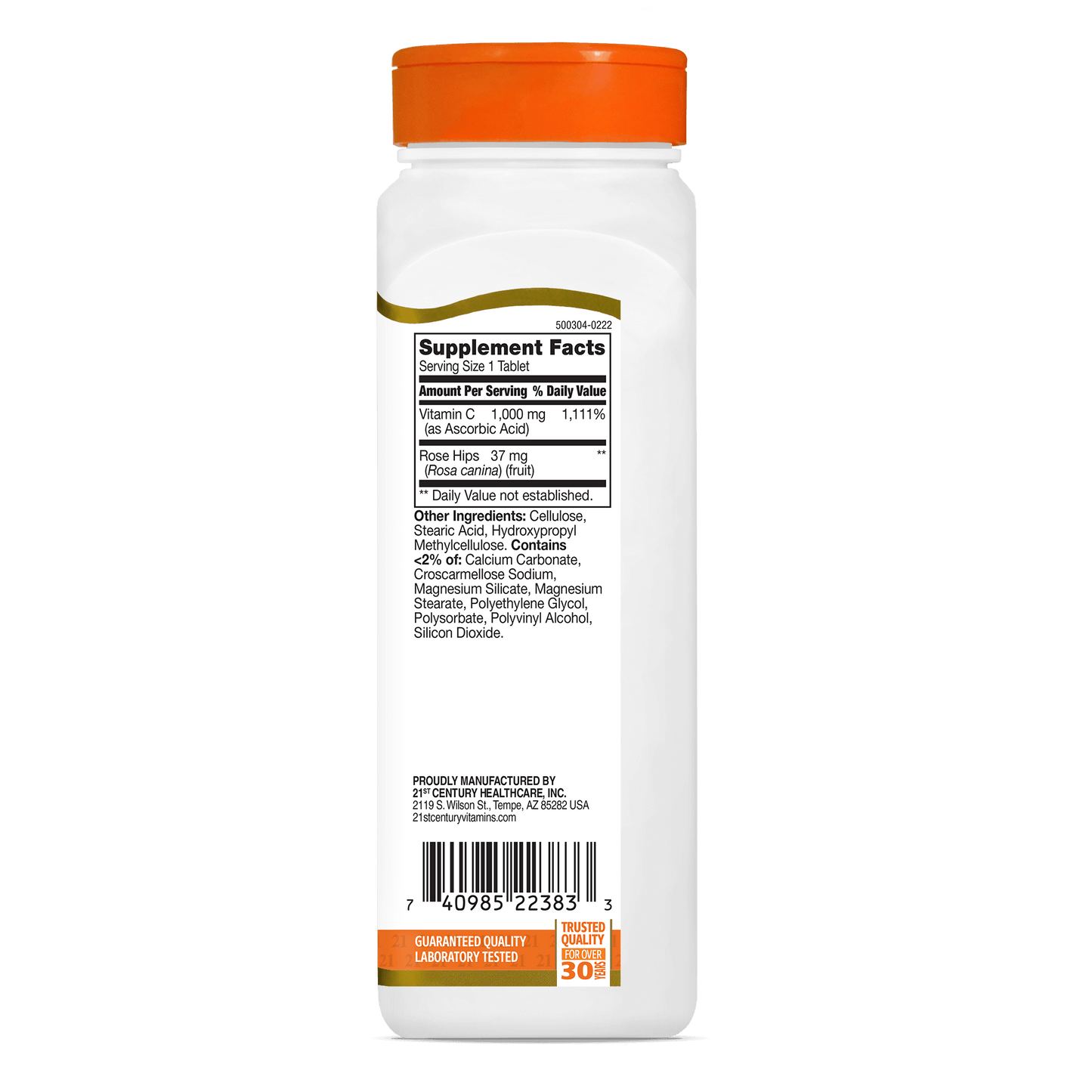 Right side bottle view of 21st Century Vitamin C 1000 mg with Rose Hips tablets.